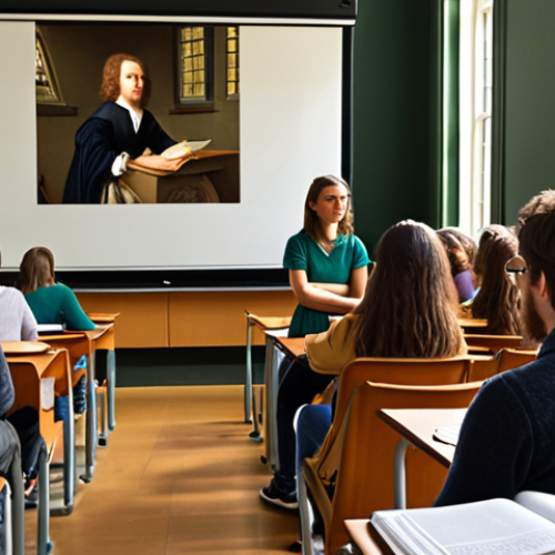 Home 15 **
A student actively listening in a lecture hall, making notes using the Cornell method. The lecture is about the Dutch Golden Age. Focus on the student's engaged expression and organized notebook. In the background, the professor is presenting a slide with a famous Dutch Golden Age painting. Capture the atmosphere of active learning and concentration.
**